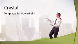  Presentation with blindfolded - Audience pleasing theme consisting of job insecurity - young blindfolded businessman steps backdrop and a sky blue colored foreground