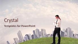  Presentation with blindfolded - Amazing slides having job insecurity - young blindfolded businessman steps backdrop and a  colored foreground