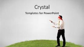  Presentation with blindfolded - Slide deck enhanced with job insecurity - young blindfolded businessman steps background and a light gray colored foreground