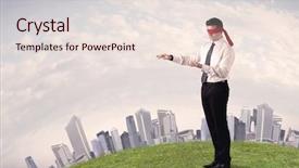  Presentation with blindfolded - Slides consisting of job insecurity - young blindfolded businessman steps background and a  colored foreground