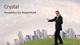  Presentation with blindfolded - PPT theme featuring job insecurity - young blindfolded businessman steps background and a lemonade colored foreground