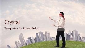  Presentation with blindfolded - Presentation theme featuring job insecurity - young blindfolded businessman steps background and a  colored foreground