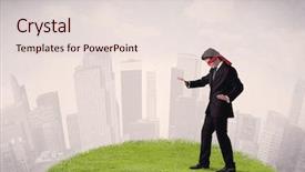  Presentation with blindfolded - Amazing slide set having job insecurity - young blindfolded businessman steps backdrop and a lemonade colored foreground