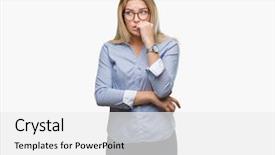  Presentation with young business woman smile show - Presentation featuring job insecurity - young caucasian business woman wearing background and a  colored foreground