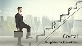  Presentation with business man climbs up to the top of 3d success stairs steps - Amazing slide deck having job opportunity - business man climbing up backdrop and a  colored foreground