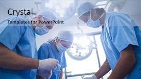  Presentation with healthcare workers - Slide deck featuring job performance - group of surgeons performing operation background and a light blue colored foreground