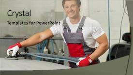  Presentation with mechanical engineering machine tools - Beautiful PPT theme featuring job performance - young serviceman performing grinding backdrop and a light gray colored foreground