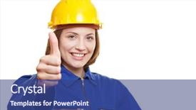  Presentation with happy anniversay work - PPT layouts with job performance job satisfaction - happy female worker in overall background and a ocean colored foreground