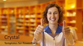  Presentation with pharmacy - Cool new presentation with job performance job satisfaction - happy pharmacist holding both thumbs backdrop and a gold colored foreground