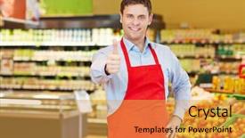  Presentation with supermarket - Colorful theme enhanced with job performance job satisfaction - happy store manager holding his backdrop and a yellow colored foreground
