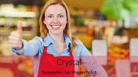  Presentation with supermarket refrigerator - Audience pleasing presentation consisting of job performance job satisfaction - young happy saleswoman in supermarket backdrop and a red colored foreground