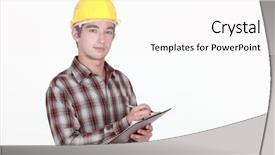  Presentation with man heart attact hand hold - Presentation theme featuring job placement - man with helmet and briefcase background and a white colored foreground