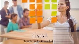  Presentation with post consumer recycling - Audience pleasing presentation design consisting of job posting - concentrated businesswoman pointing post its backdrop and a coral colored foreground