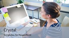  Presentation with working - Slide set with job posting - smiling brunette working with photographs background and a light blue colored foreground