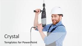  Presentation with worker - PPT theme with job powert point - cheerful handsome young worker background and a white colored foreground