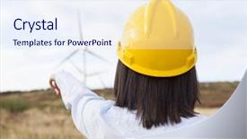  Presentation with mechanical engineering engineer tools - Amazing slide deck having job powert point - female engineer pointing to windmills backdrop and a sky blue colored foreground