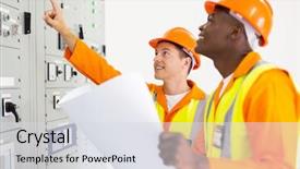  Presentation with working together - PPT theme consisting of job powert point - professional electricians working together background and a  colored foreground