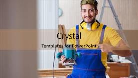  Presentation with power tools - Cool new PPT theme with job powert point - young repairman carpenter working backdrop and a coral colored foreground