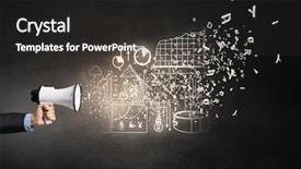  Presentation with job promotion - Beautiful theme featuring job promotion announcement - hand of businessman with megaphone backdrop and a dark gray colored foreground
