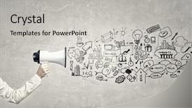  Presentation with job promotion - PPT theme enhanced with job promotion announcement - hand of businesswoman with megaphone background and a  colored foreground
