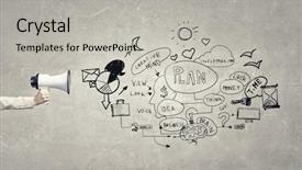  Presentation with job promotion - Colorful presentation theme enhanced with job promotion announcement - hand of businesswoman with megaphone backdrop and a  colored foreground