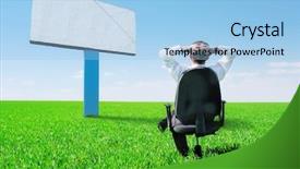  Presentation with corn field circles - Audience pleasing presentation design consisting of job promotion announcement - young bussinessman sitting on chair backdrop and a light blue colored foreground