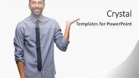  Presentation with hand palm - Presentation theme with job promotion presentation - adult hispanic business man background and a white colored foreground