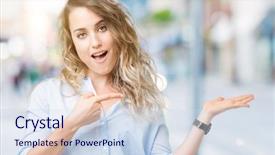  Presentation with finger - Amazing theme having job promotion presentation - beautiful young blonde business woman backdrop and a  colored foreground