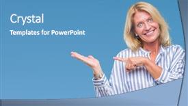 Presentation with finger - Beautiful presentation design featuring job promotion presentation - middle age blonde business woman backdrop and a  colored foreground