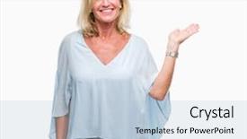  Presentation with hand palm - Colorful PPT theme enhanced with job promotion presentation - middle age blonde business woman backdrop and a  colored foreground