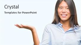  Presentation with hand palm - Cool new presentation theme with job promotion presentation - young asian business woman backdrop and a  colored foreground