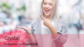  Presentation with job promotion - PPT theme featuring job promotion presentation - young blonde business woman wearing background and a  colored foreground