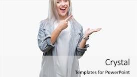  Presentation with young business woman smile show - Colorful slide deck enhanced with job promotion presentation - young blonde business woman wearing backdrop and a  colored foreground