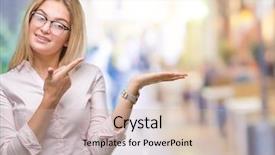  Presentation with finger - Audience pleasing presentation design consisting of job promotion presentation - young caucasian business woman wearing backdrop and a  colored foreground