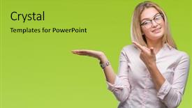  Presentation with finger - Slide deck featuring job promotion presentation - young caucasian business woman wearing background and a  colored foreground