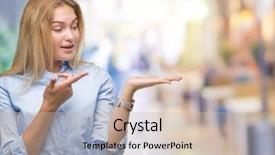  Presentation with finger - Audience pleasing slide deck consisting of job promotion presentation - young caucasian business woman backdrop and a  colored foreground