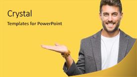  Presentation with hand palm - Slide set having job promotion presentation - young handsome business man background and a light gray colored foreground