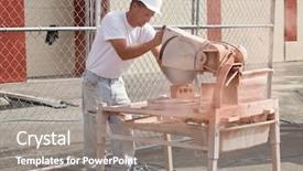  Presentation with custom - Audience pleasing presentation consisting of job rotation - construction worker custom-cutting brick backdrop and a  colored foreground