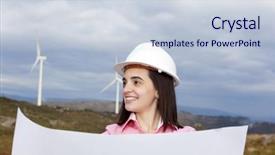  Presentation with turbine - Beautiful PPT layouts featuring job rotation - female engineer holding a blueprint backdrop and a lemonade colored foreground