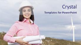  Presentation with wind - Amazing presentation design having job rotation - female engineer holding a plans backdrop and a sky blue colored foreground