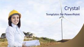  Presentation with mechanical engineering turbine - Colorful slide deck enhanced with job rotation - female engineer holding blueprints backdrop and a sky blue colored foreground