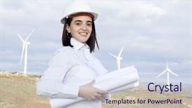  Presentation with wind - PPT theme consisting of job rotation - female engineer holding blueprints background and a sky blue colored foreground