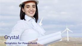  Presentation with gas turbine engines - Slides consisting of job rotation - female engineer holding blueprints background and a sky blue colored foreground