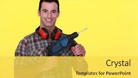  Presentation with drill - PPT layouts having job rotation - man with power drill background and a yellow colored foreground