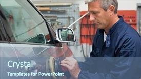  Presentation with auto auction - Presentation with job rotation - portrait of mature auto mechanic background and a ocean colored foreground