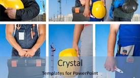  Presentation with sets in mathematics - Slide set consisting of job safety - workers with equipment on building background and a light blue colored foreground