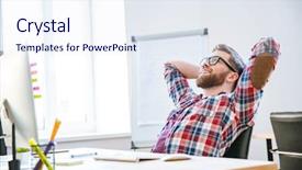  Presentation with cheerful - Cool new PPT theme with job satisfaction - cheerful attractive bearded young man backdrop and a sky blue colored foreground