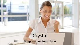  Presentation with front office - Audience pleasing PPT theme consisting of job satisfaction - cheerful office-worker showing thumbs up backdrop and a soft green colored foreground