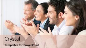  Presentation with team meeting - Cool new PPT theme with job satisfaction - happy smiling business team clapping backdrop and a lemonade colored foreground