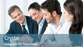  Presentation with team working together - Colorful theme enhanced with job satisfaction - happy smiling business team working backdrop and a ocean colored foreground